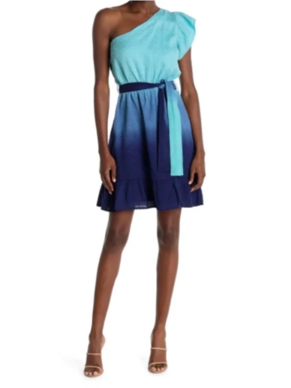 NWT CECILIE Copenhagen Belita One Shoulder Ruffle Ombre Blue Wave Cotton‎ Dress